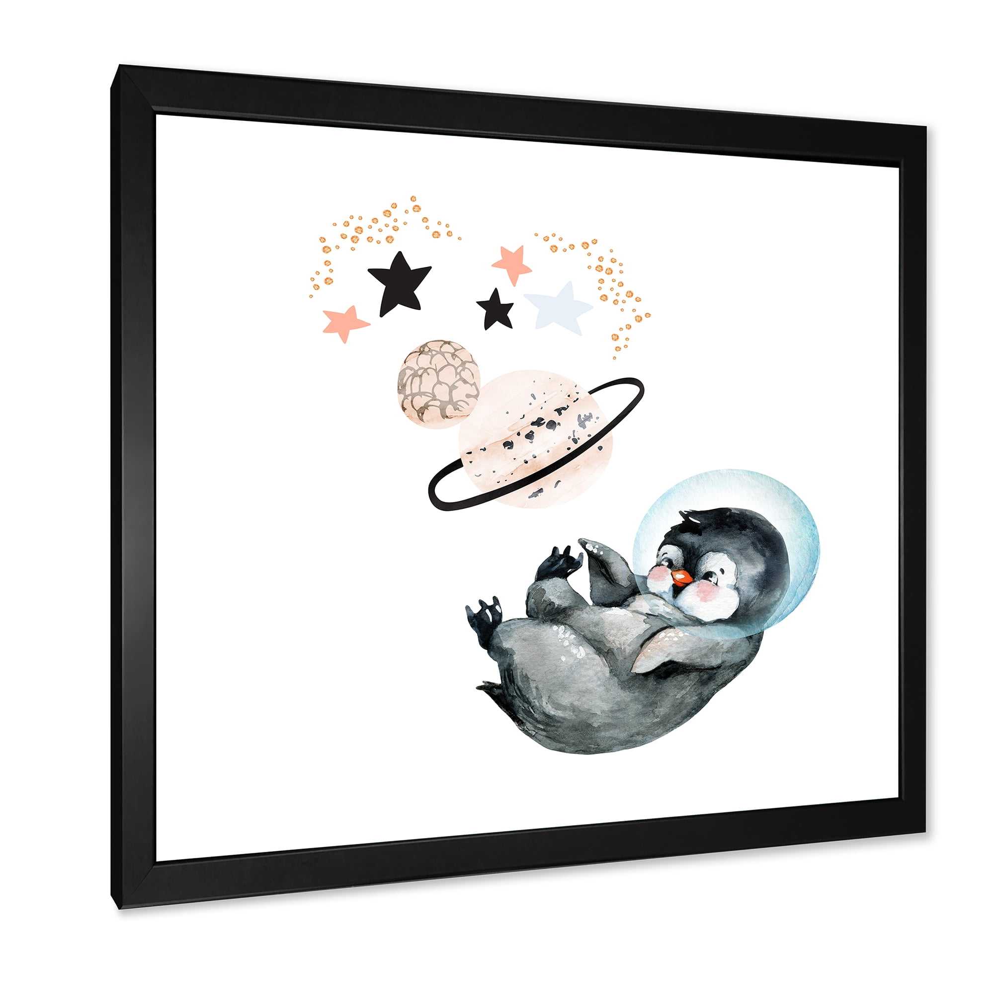 Designart 'Little Penguin With Planets and Stars I' Farmhouse Framed Art Print