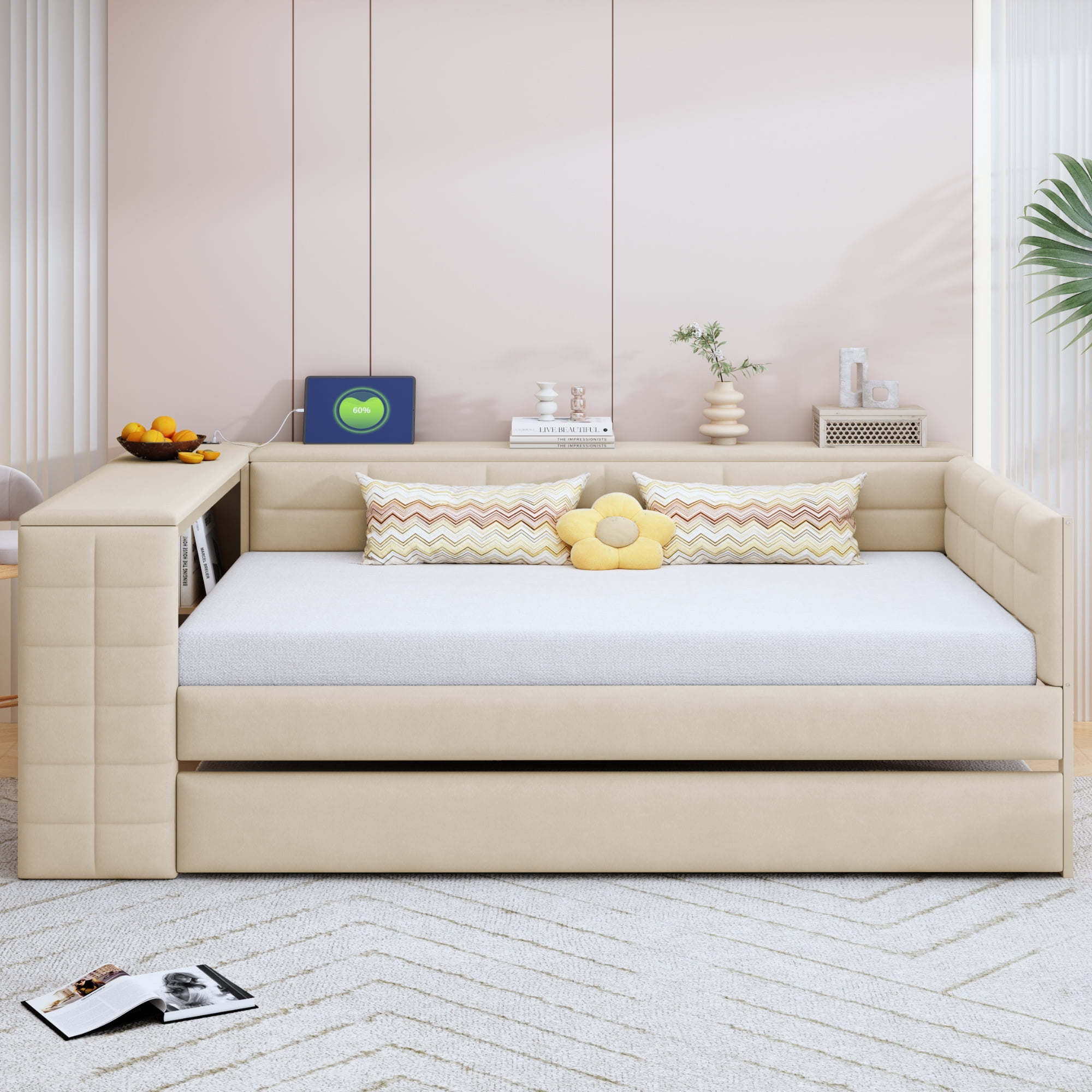Euroco Upholstery Full Size Platform Bed with Desk and Shelves, Trundle Bed and USB Charging for Kids, Beige