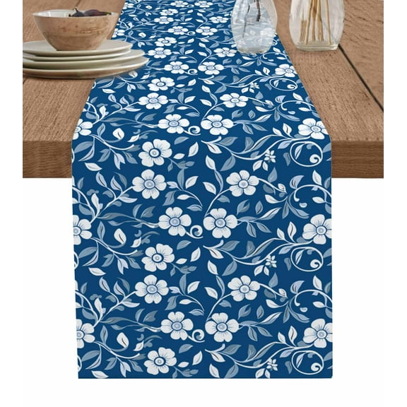 Blue White Floral Table Runner Cotton Linen 120 Inch Holiday Dresser Scarves, Farmhouse Retro Botanical Leaves Tablerunner for Kitchen Coffee Dining Bedroom Living Room Dinner Scarf Décor 13''x120''