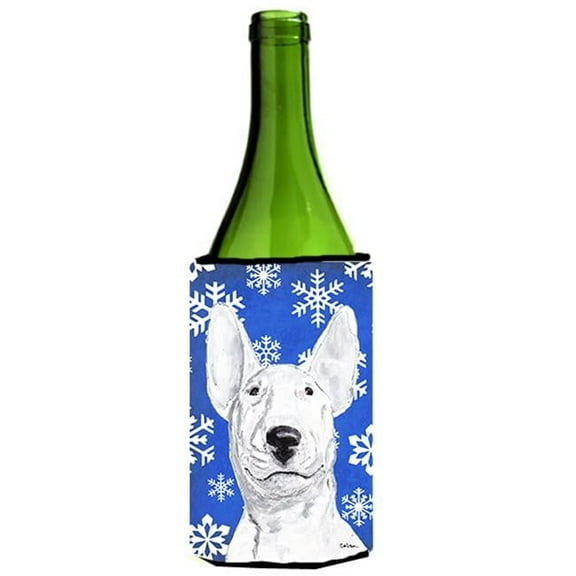 Bull Terrier Blue Snowflake Winter Wine bottle sleeve Hugger - 24 oz.
