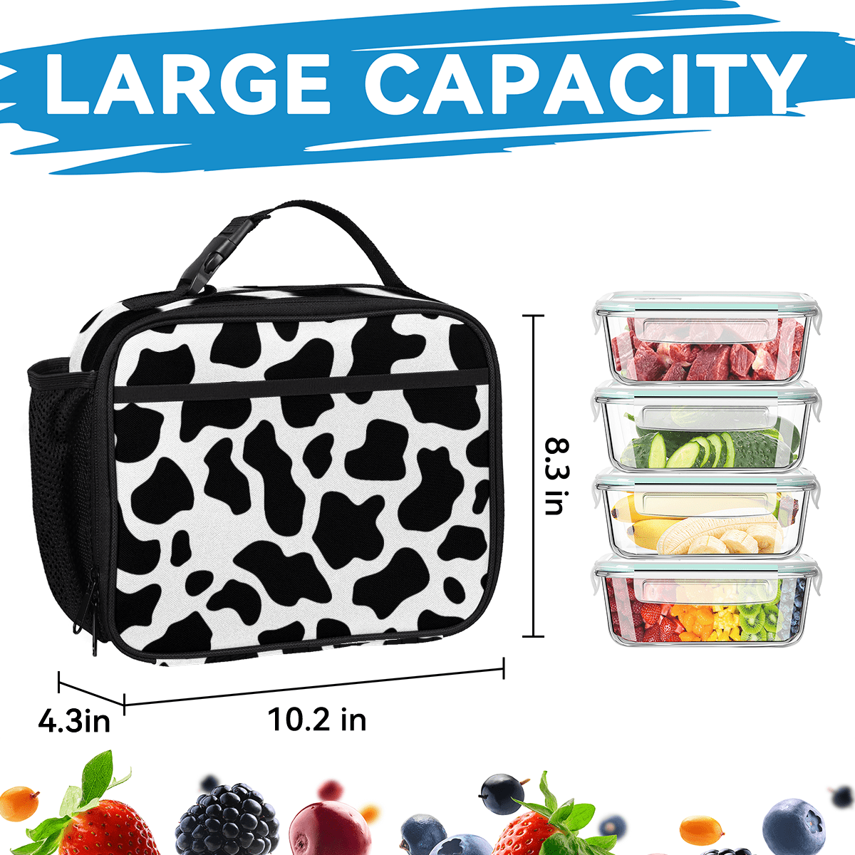 Herdesigns Black White Backpack with Lunch Box Fun Cow Print Farm Animal Lightweight Large Travel Work Laptop Backpacks Set Casual Daypacks
