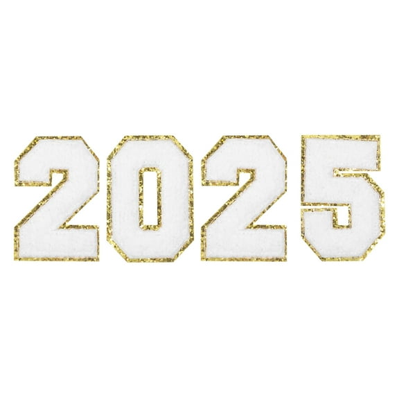 Uxcell 4Packs 2025 Glitters Chenille Number Patches 8 cm/3 Inch Embroidery Numbers Patches for T-Shirt, Hat, Bags White