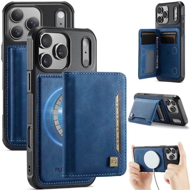 AutSpace Funda para Apple iPhone 17 Pro Max, Bloqueo RFID, Cuero PU, Compatible con MagSafe, Billetera Desmontable 2 en 1 con Tarjetero, Soporte, Cubierta Protectora Magnética, Azul, para iPhone 17 P