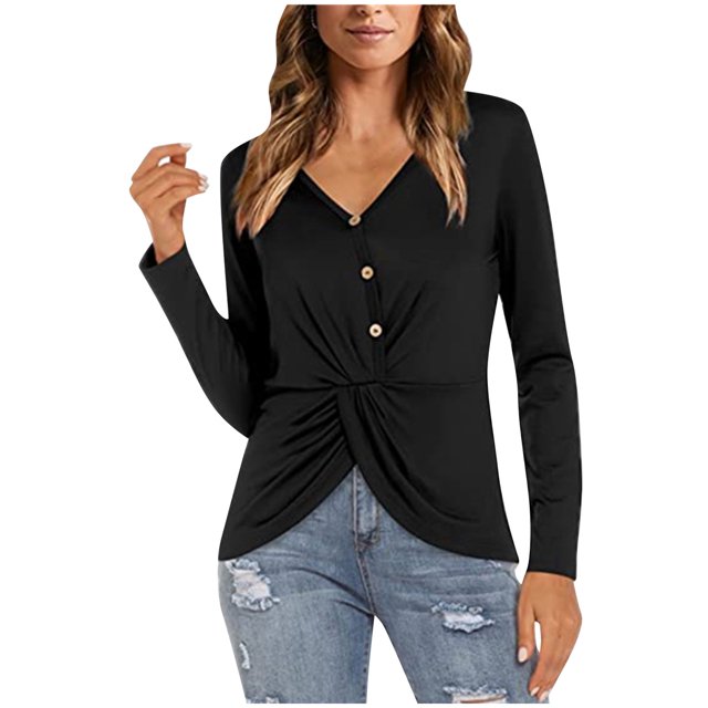 Camiseta de manga larga con cuello en V suelta de Color sólido a la moda para mujer Fridja FKASFK4329
