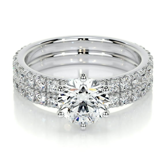 First Jewel Beautiful Round Cut Two Eternity Band Diamond Ring - 1.9 Ct Lab-Created Simulated Diamond in Prong Setting - 14K White Gold Over - Engagement Ring - Ideal for Proposal and Birthday Gift
