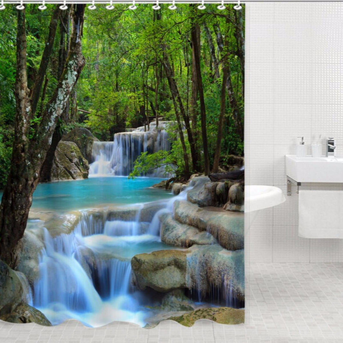 3D Waterfall Bathroom Shower Curtain Polyester Fabric 180*200cm with 12