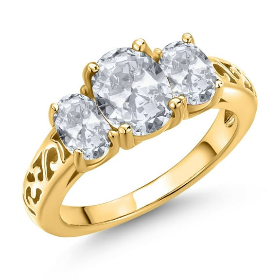 Gem Stone King 18K Yellow Gold Plated Silver White Topaz Filigree Style 3 Stone Ring for Women (2.70 Cttw, Oval 8X6MM and 6X4MM) (Size 6)