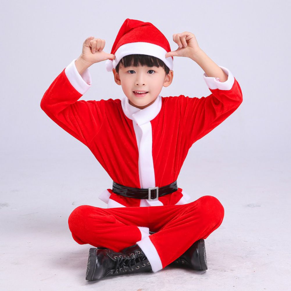 4pcs Kids Costume Santa Claus Suit With Hat Belt For Children Boy 3-5 Years Old