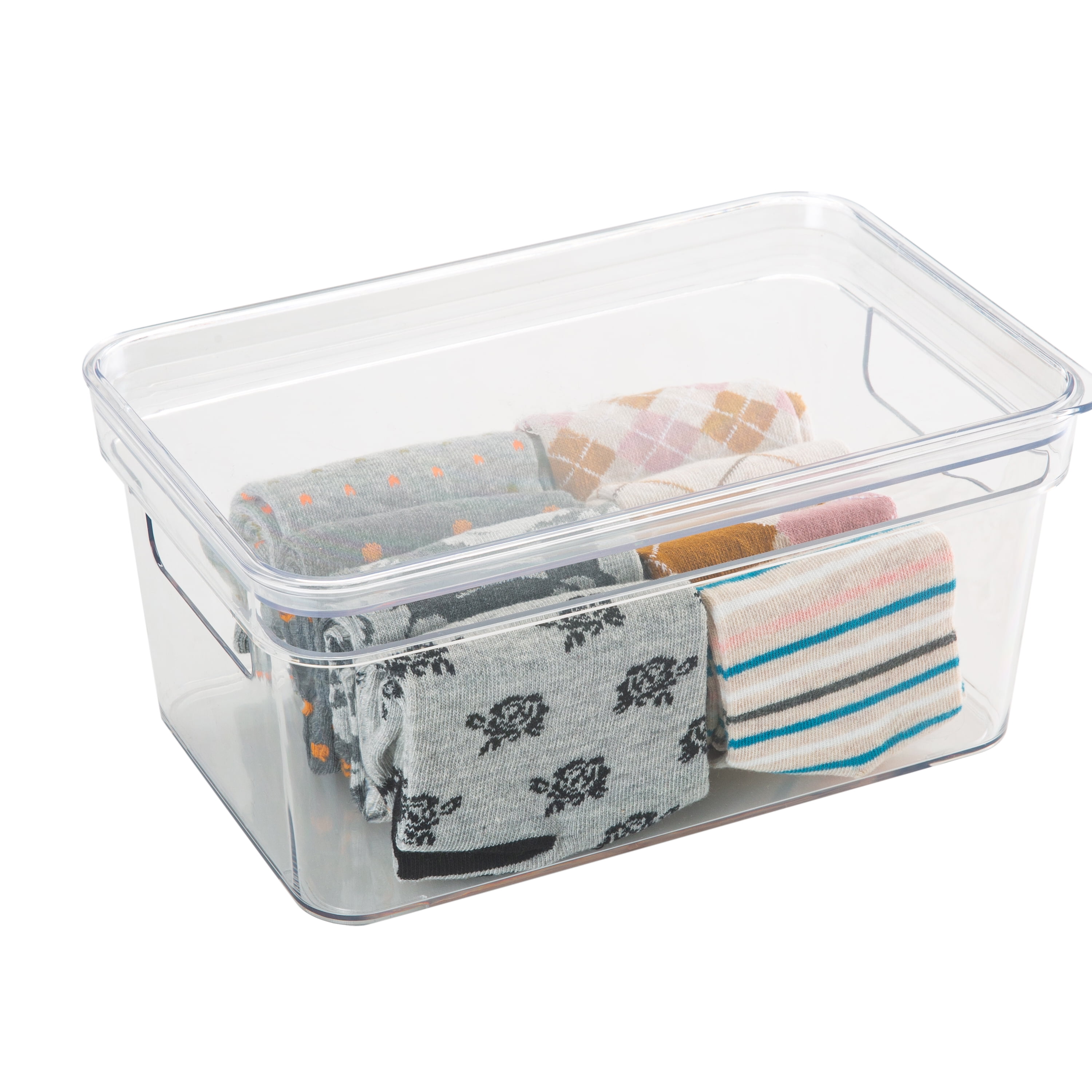 Simplify Small Lidded Plastic Storage Bin Basket with Handles, Clear