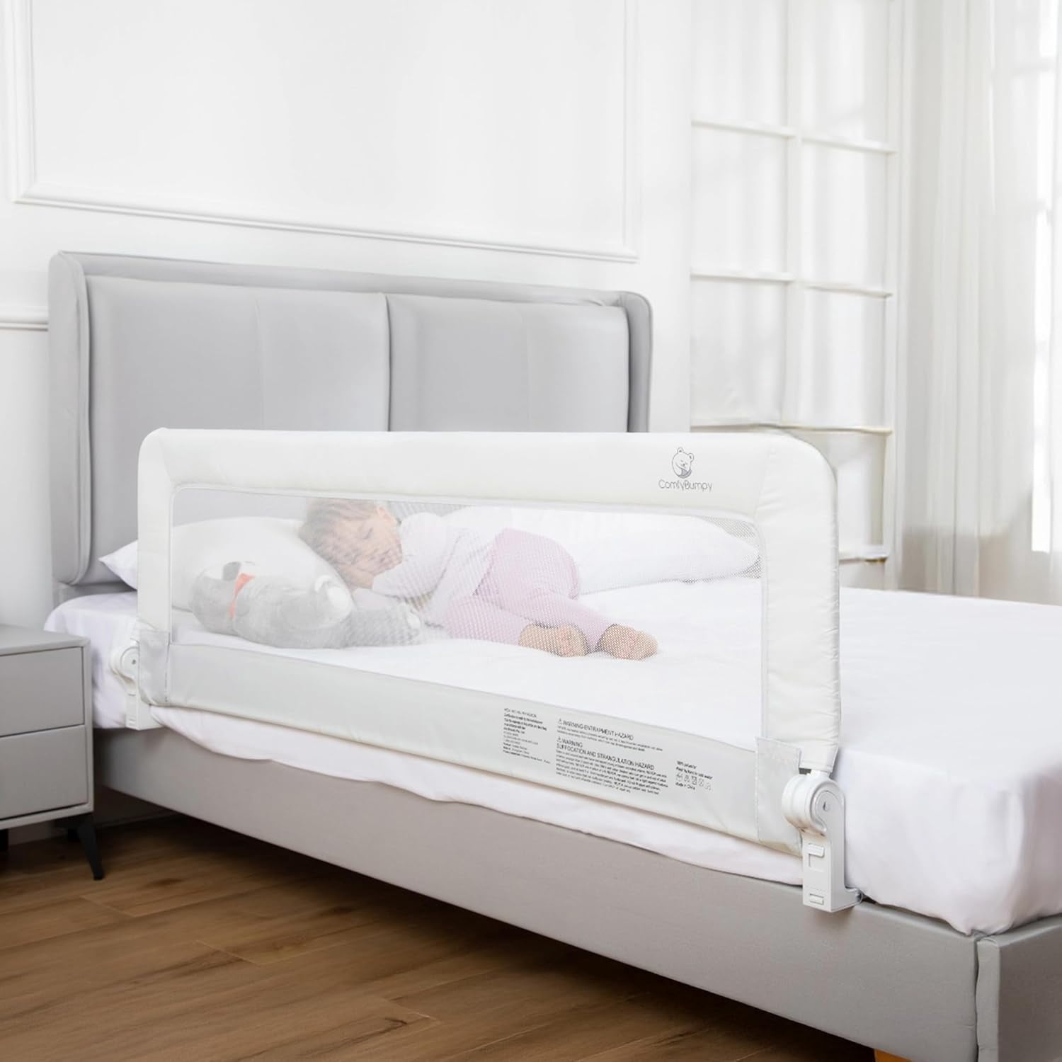ComfyBumpy Toddler Bed Rail Guard, 55.5" x 19.5" Extra long Swing Down Rail for Kids Beds, White, 1 pack
