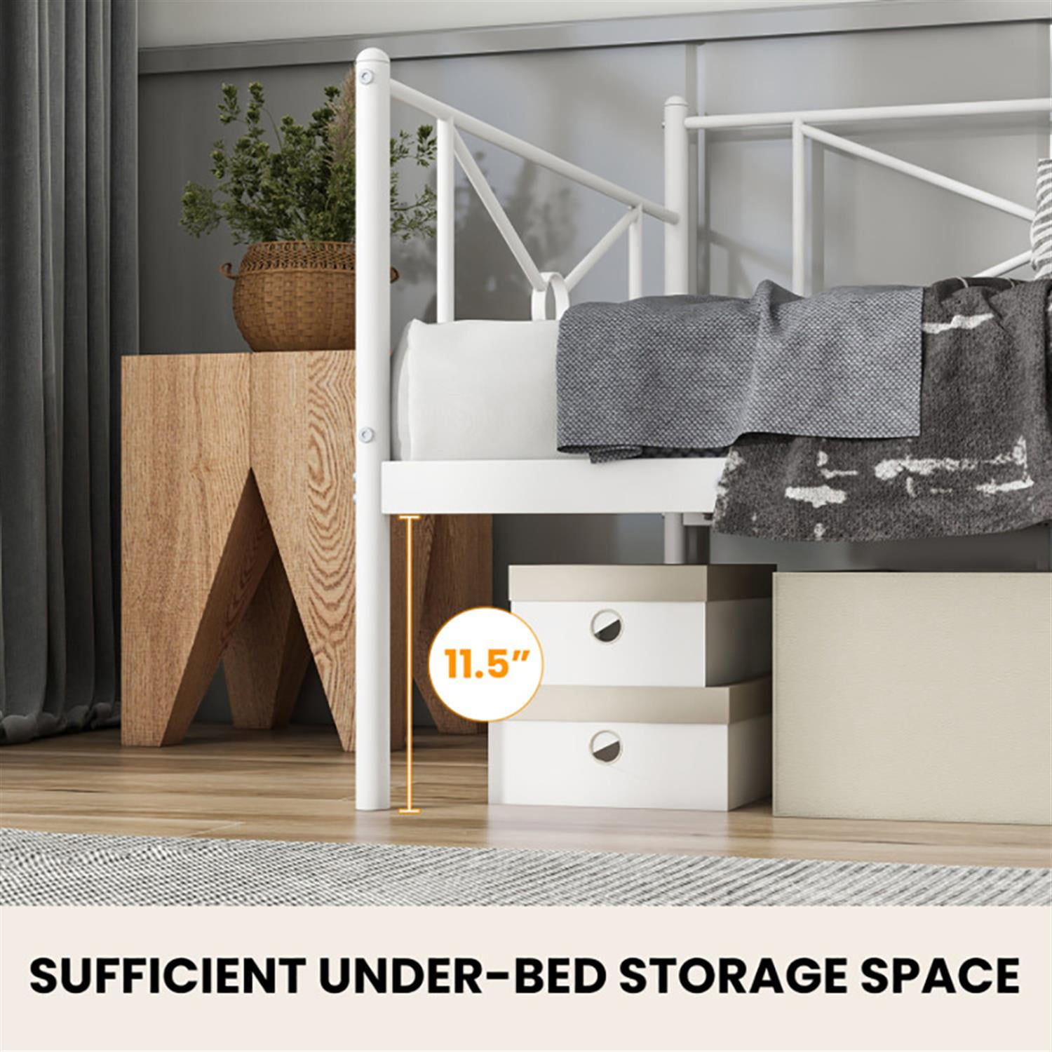 Demi Bonn Metal Daybed Twin Bed Frame Stable Steel Slats Sofa Bed, Modern Bed Frame for Teens, White