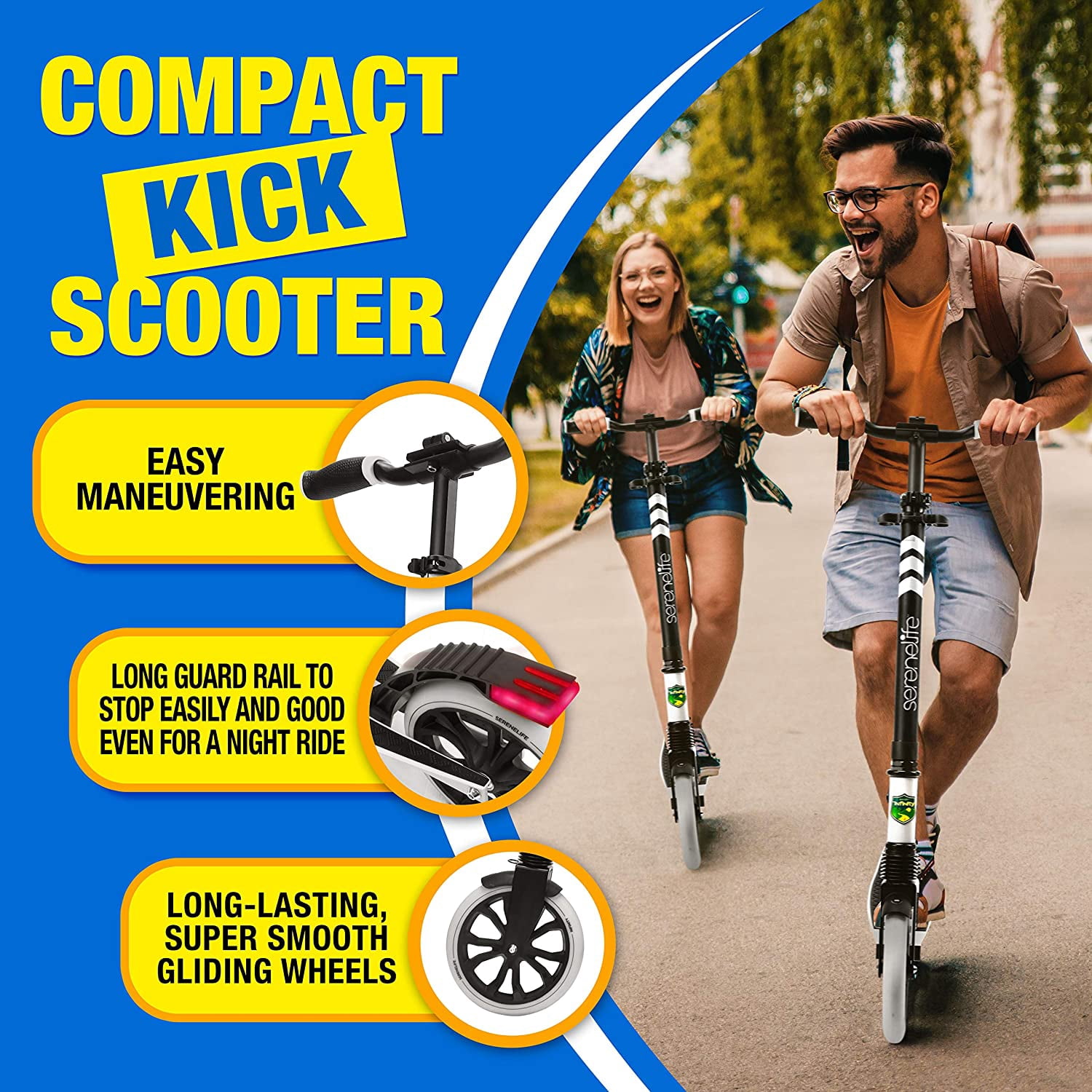 SereneLife Lightweight and Foldable Kick Scooter - Adjustable Scooter for Teens and Adult (Black and White)