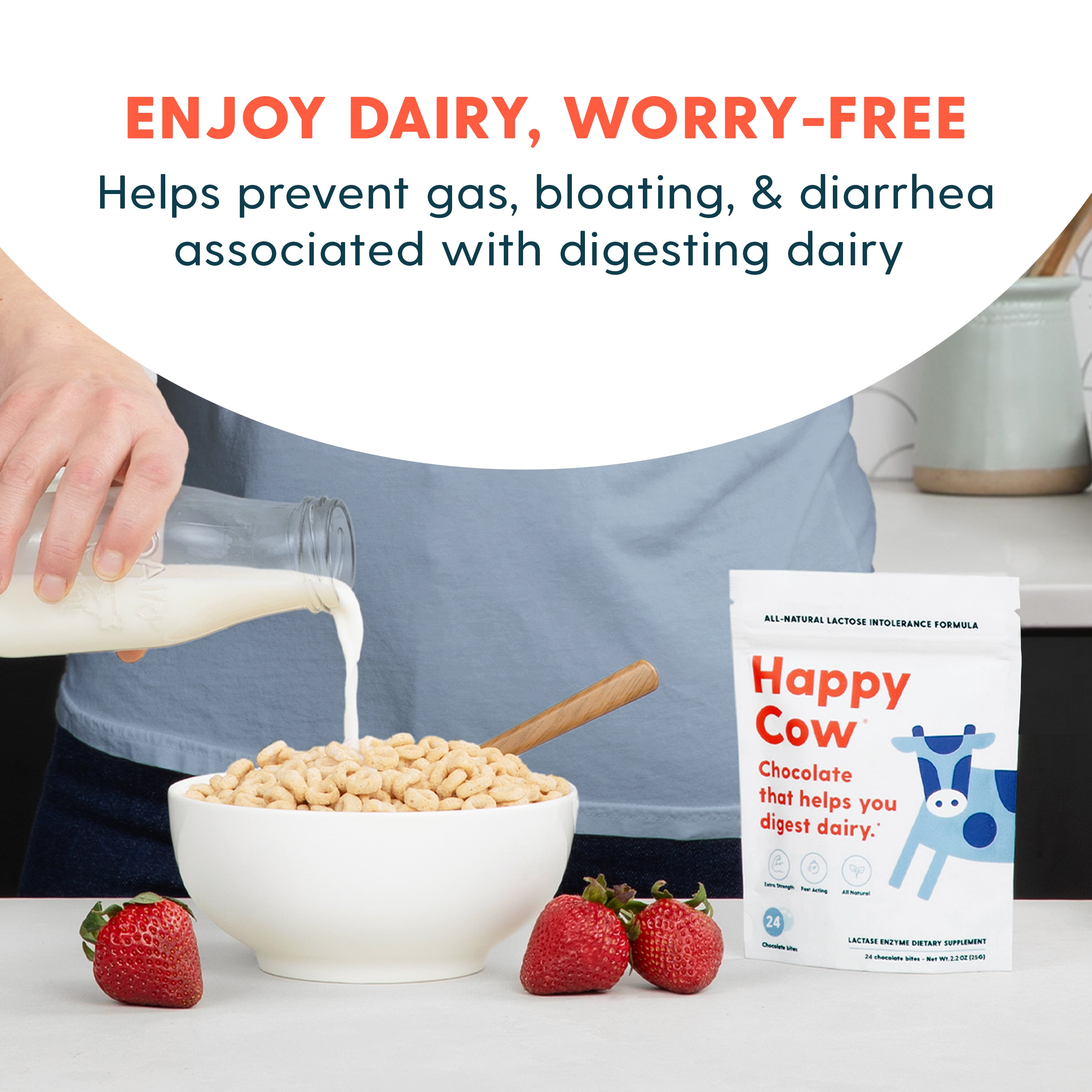 Happy Cow Lactase Supplement for Dairy & Lactose Intolerance, Fast-Acting Relief, 24 Count