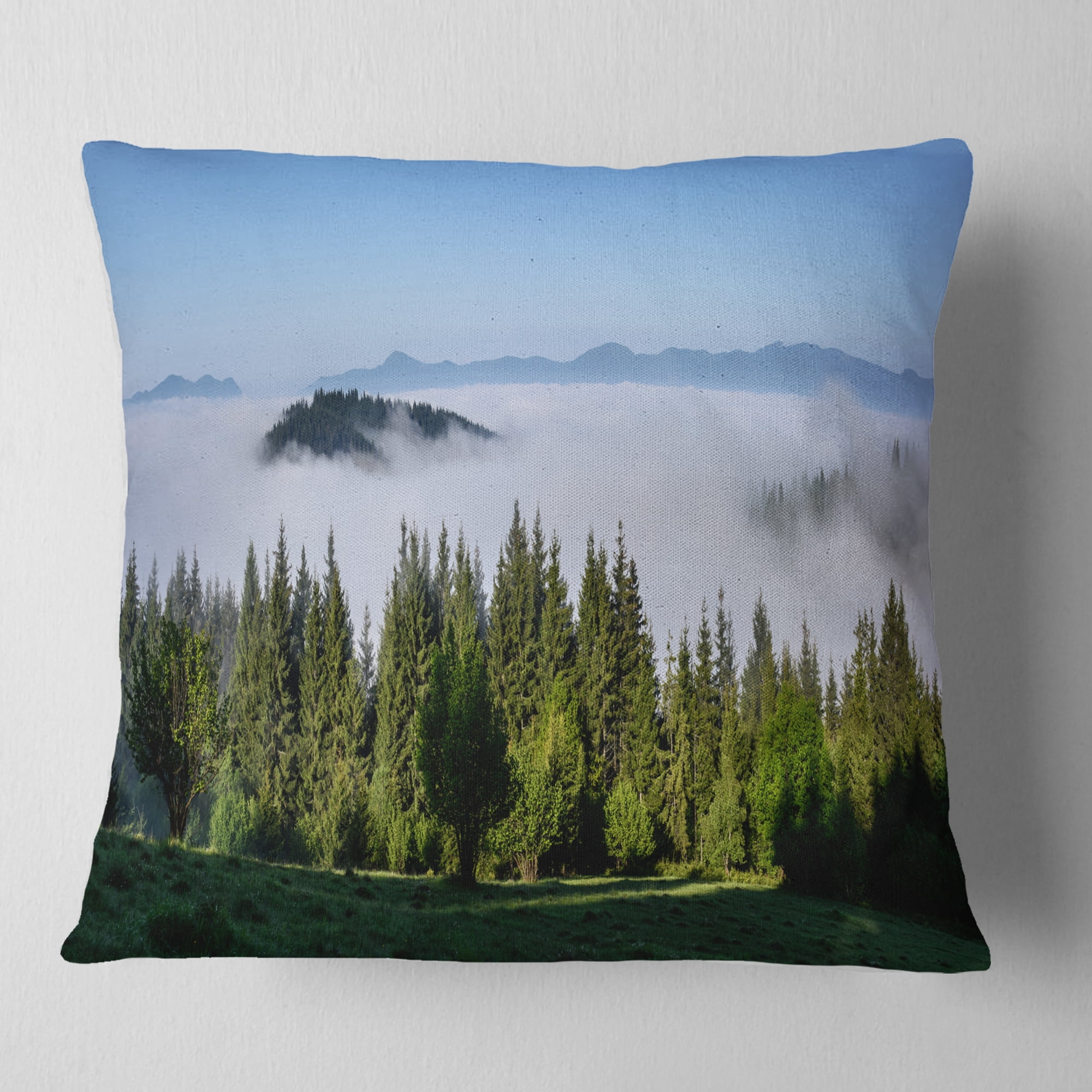 Designart Green Trees and Fog Over Mountains - Landscape Printed Throw Pillow - 18x18