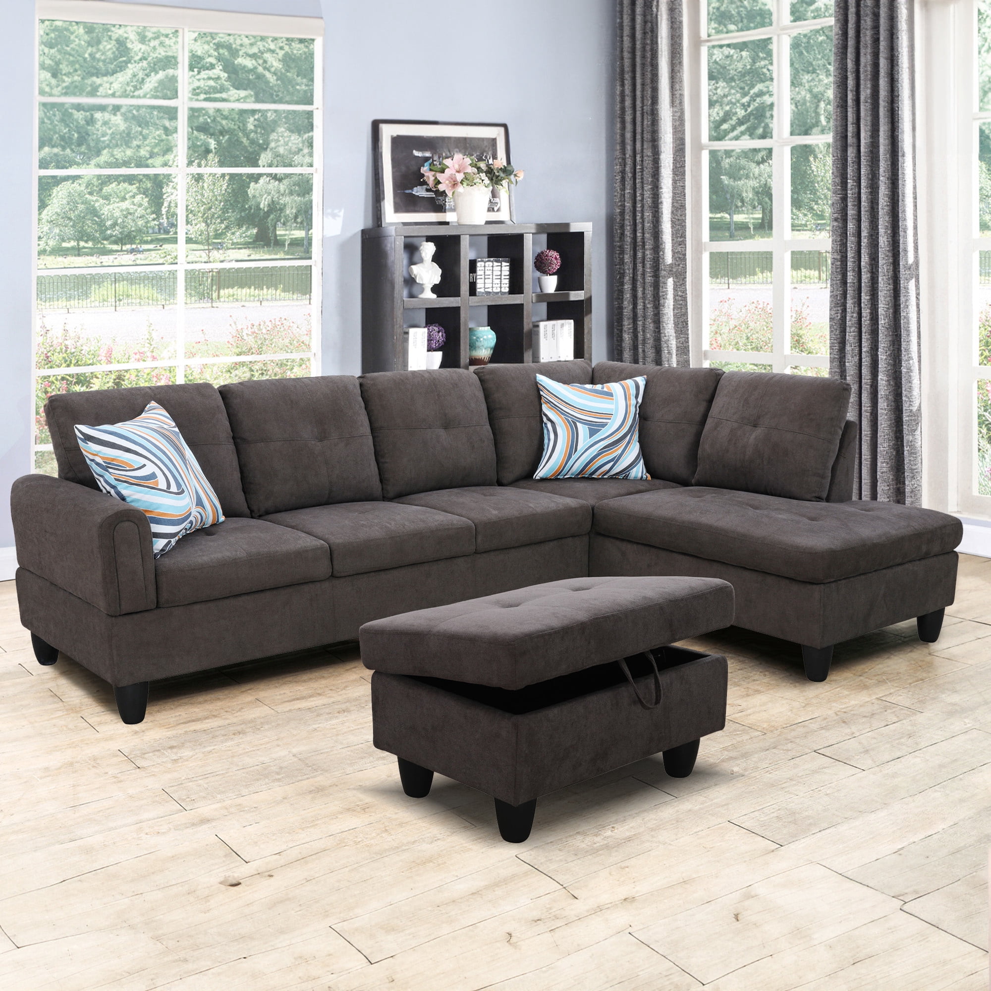 Aukfa 3 Piece L-shape Sectional Sofa Couch w/ Storage Ottoman, Right Chaise, 2 Pillows, Dark Brown