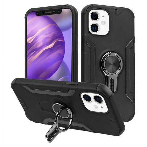 Apple iPhone 12 MINI /5.4" Ring Stand Hybrid Rugged Heavy Duty Armor 2 layers with Car Air Vent Grip Mount Rotation Ring Holder fit Magnetic Car Mount [Black] Phone Cover Fit iPhone 12 Mini