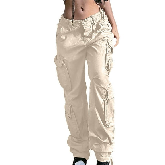 Wycnly Womens Cargo Pants Trendy Cargo Pants for Women Button Mid Waist Loose Straight Leg Work Pants Casual Solid Fashion Street Pocket Long Denim Cargo Pants Trousers Fall