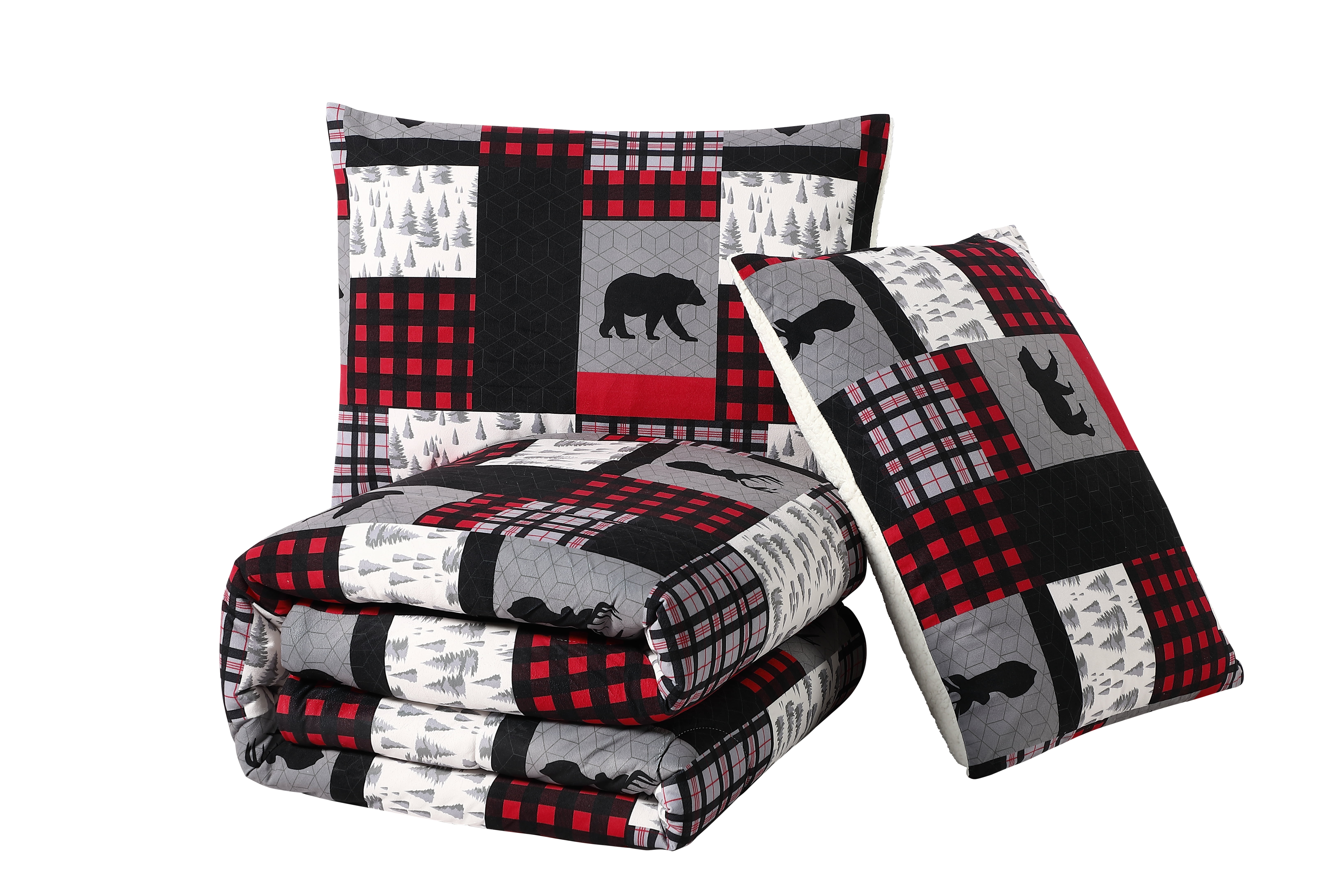 Mainstays Flannel Reverse to Sherpa 3-Piece Woodland Multi Animal Plaid 100% Polyester Fill Comforter Set, Twin