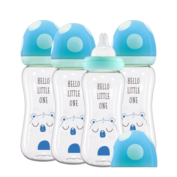 YOHKOH Anti-Colic Glass Baby Bottles, 8.8 oz / 260ml, m nipple, for 3m Infant & Toddler, Blue, 4 Pack