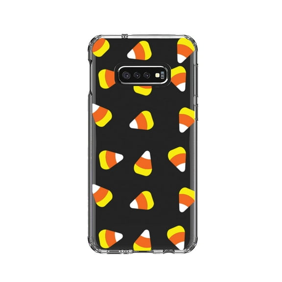 DistinctInk Clear Shockproof Hybrid Case for Samsung Galaxy S10e (5.8" Screen) - TPU Bumper, Acrylic Back, Tempered Glass Screen Protector - Repeating Candy Corn