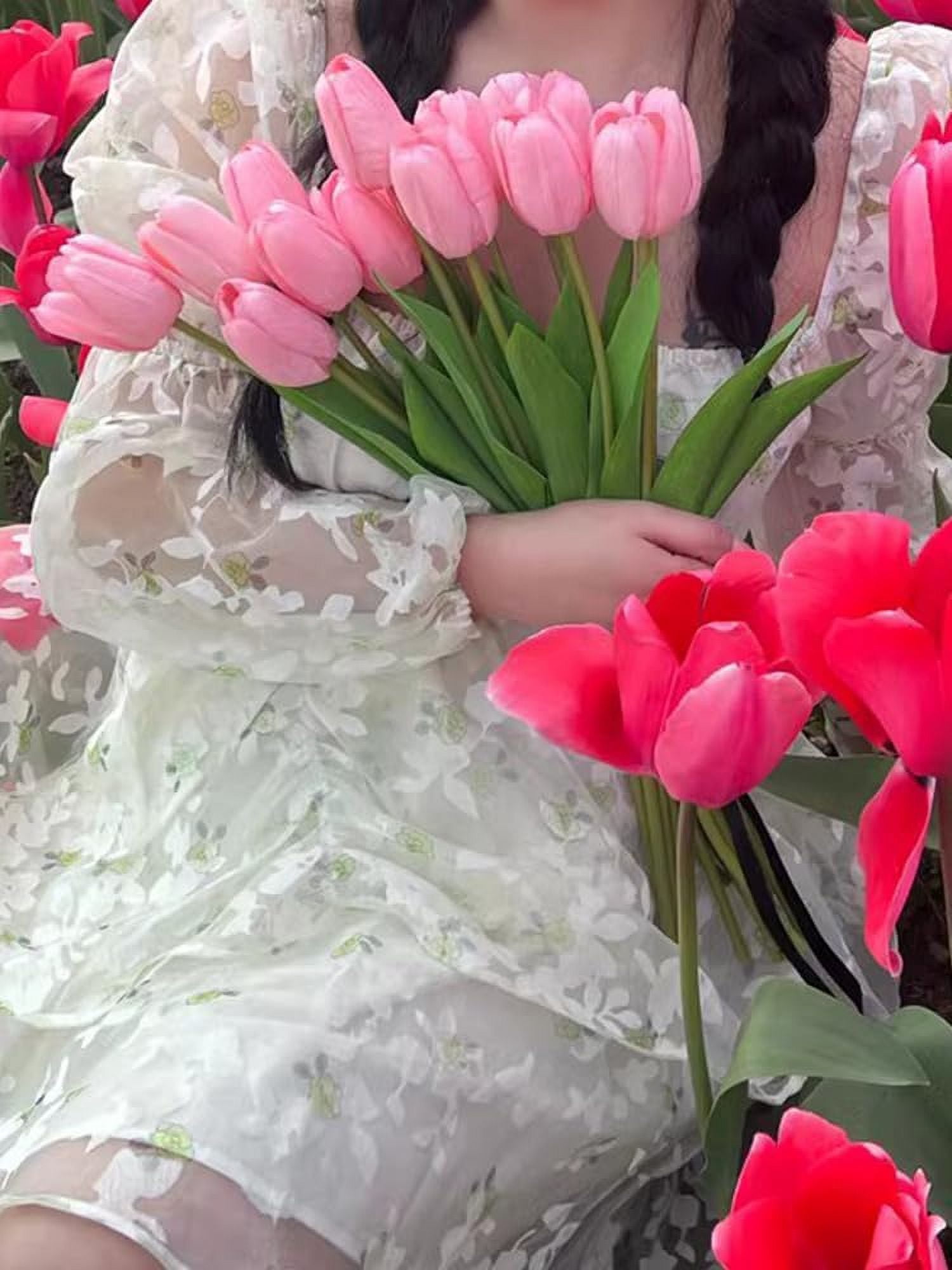 10 Pink Flowers Artificial Tulips Silk Fake Flowers 13.5 Inch for Valentine's Day, Easter, Bulk Home Kitchen Wedding Table Decoration