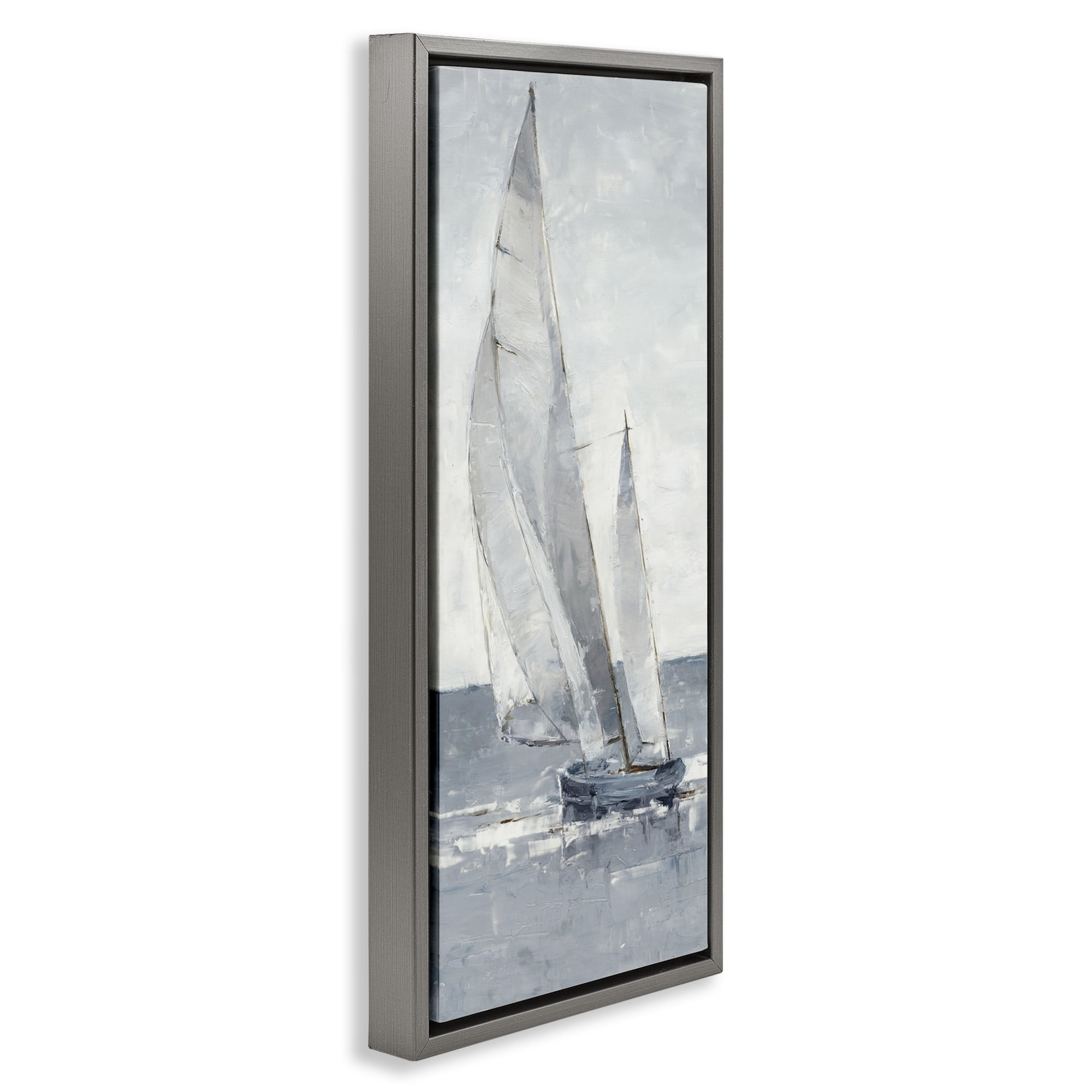 Stupell Industries Grey Sailboat Nautical Abstraction Nature Painting Gray Floater Framed Canvas Art Print Wall Art, 15 x 31