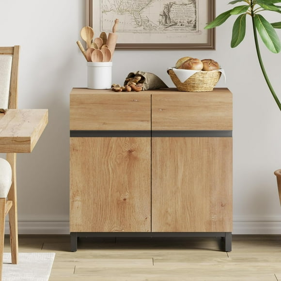 WAMPAT 31.5" Sideboard Buffet Cabinet - Modern Wood Credenza with Adjustable Shelves, Perfect for Dining Rooms and Living Rooms,Oak