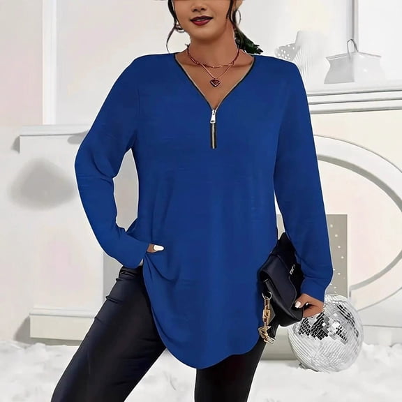 ylioge XL-5X Plus Size Sweatshirts for Women with Zipper V Neck Long Sleeve Tops Womens Casual Solid Color Pullover Going-Out Work Tunic Top