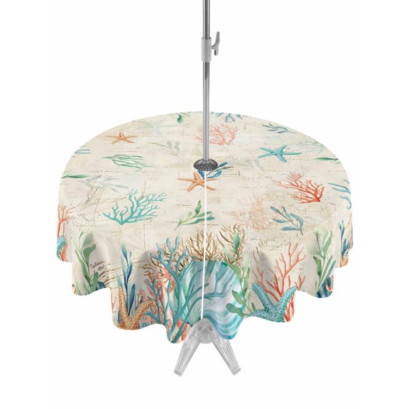 Outdoor Tablecloths with Umbrella Hole & Zipper, Beach Coastal Round Tablecloths 60 Inch, Summer Coral Starfish Nautical Ocean Vintage Waterproof Table Cloth, Patio/Pool/Picnic Table Covers