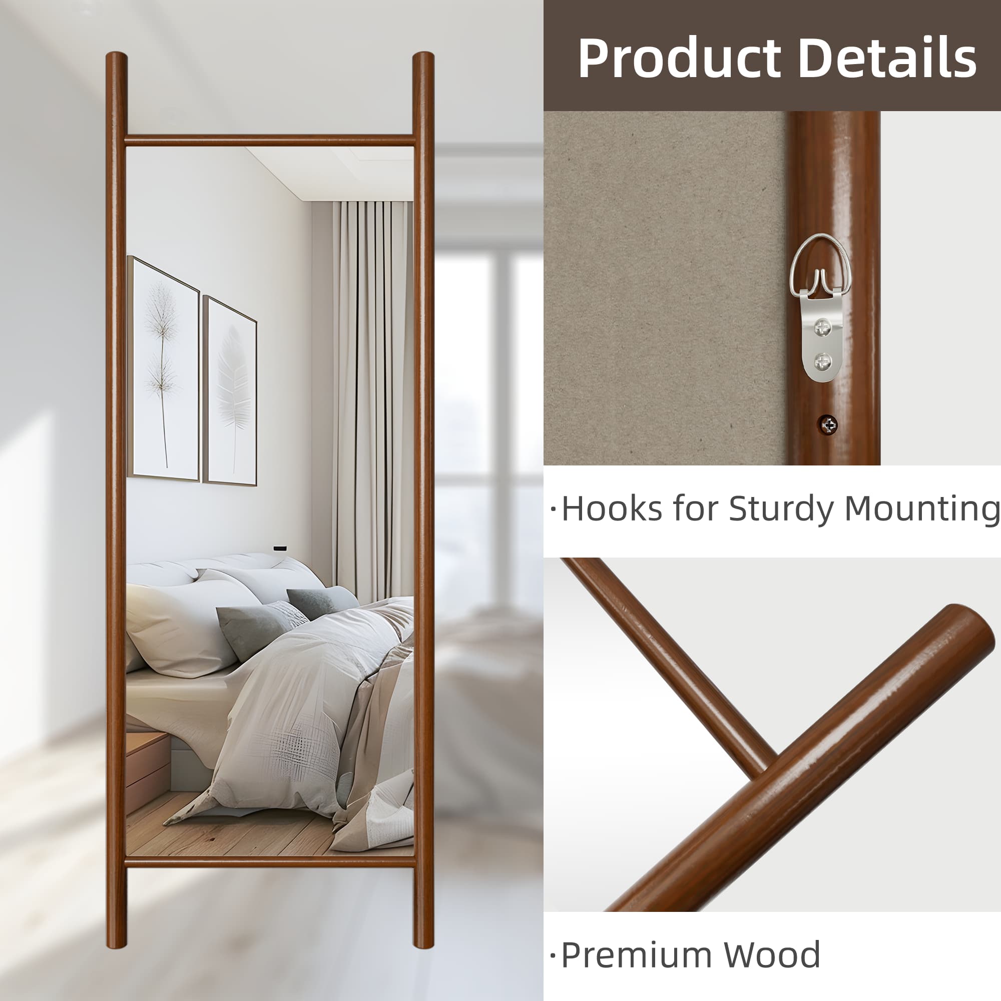 63"x24" Wood Full Length Mirror Ladder Rectangle Floor Mirror, Walnut