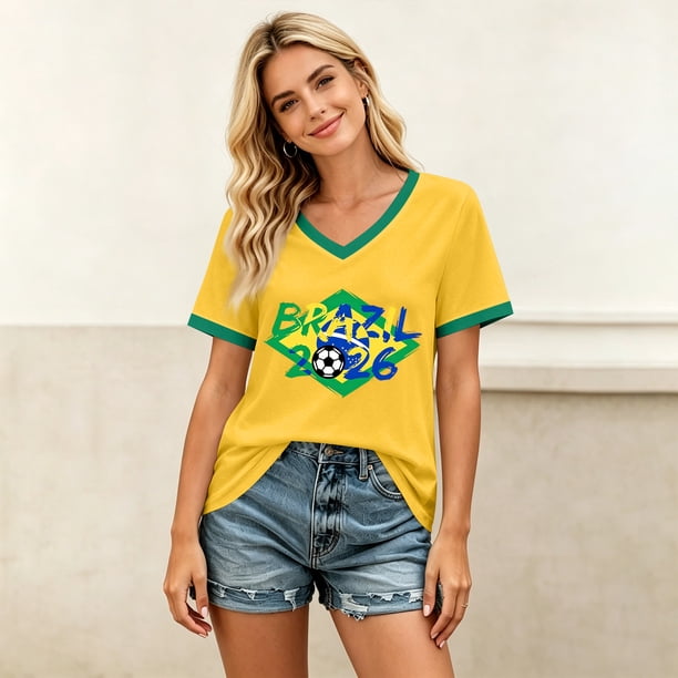 Women's Football Graphic T-Shirt, Women's V-Neck Short Sleeve Letter Print T-Shirt, Fashion Casual Top for Daily Wear for Soccer Tournament 2026 Yellow Size: 2XL