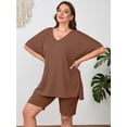 thumbnail image 6 of SHOWMALL Women Plus Size Outfits Set Soft Loungewear Pastel Brown 3X Summer 2-Piece Pajamas Short Sleeves and Bliker Shorts Lounge Sets for Women, 6 of 7