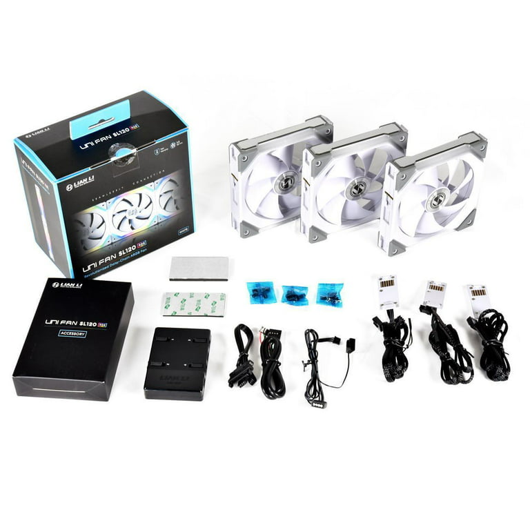 Lian Li UNI Fan SL120 3 Pack White-with Controller and Extension (ARGB  120mm LED PWM Daisy-Chain) UF-SL120-3W PC Cooling Computer ARGB Case Fans 