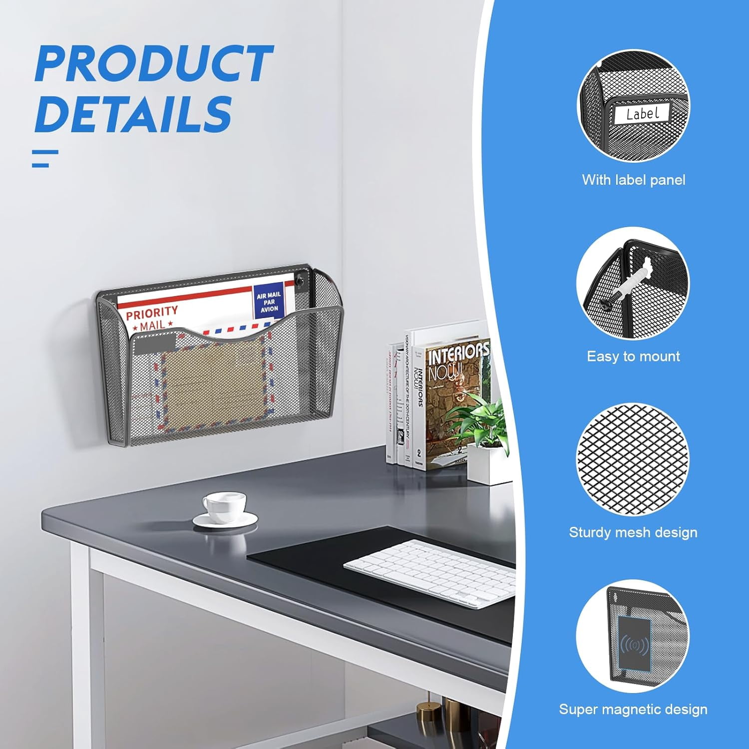6 Pack Magnetic File Holder, Mesh Wall File Organizer File Pocket Mail Organizer Paper Folder Holder for Office/Home, No Drilling(Magnetic)