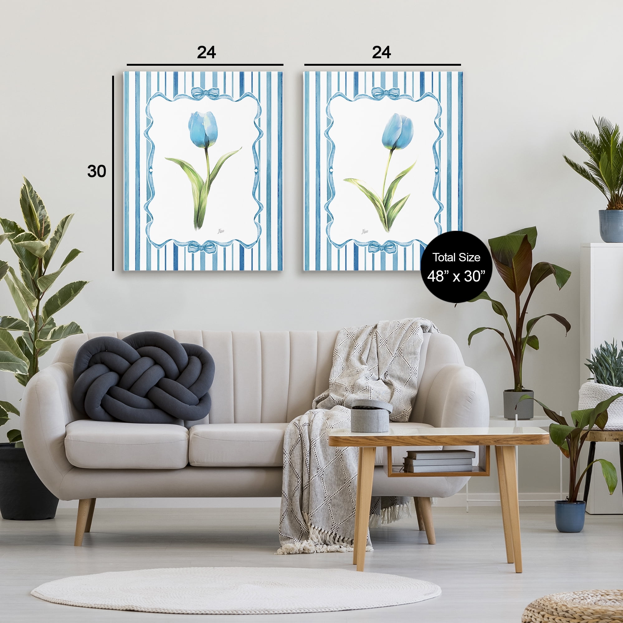 Stupell Industries Blue Tulips with Feminine Ribbon 2 Piece Canvas Wall Art Set, design by Nan