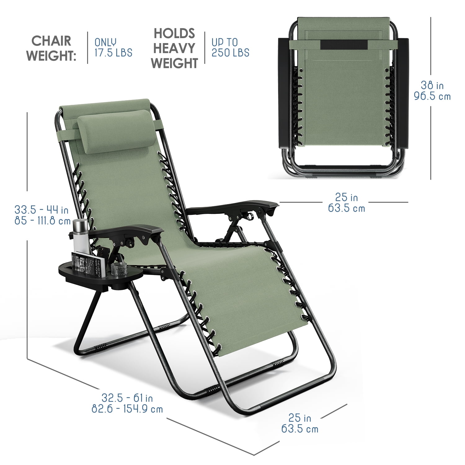 LammaLoe Zero Gravity Chair Set of 4, Outdoor Lounge Chairs with Cup Holder, Sage Green