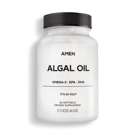Amen Algal Oil Vegan Omega-3 Supplement – 1000mg DHA & EPA, Plant-Based Microalgae Oil, Non-GMO, 60 Softgels