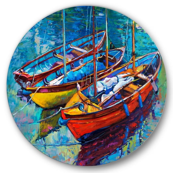 Designart 'Three Colorful Boats In The Harbor' Nautical & Coastal Circle Metal Wall Art 36x36 - Disc of 36