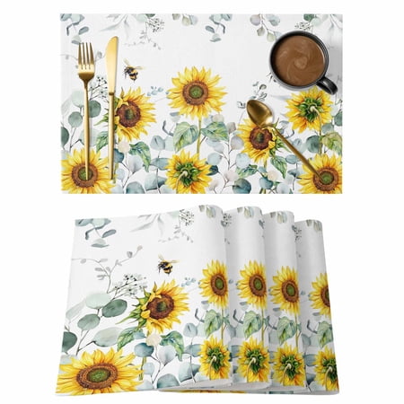 Sunflower Placemats Set of 6 Sage Green Summer Botanical Eucalyptus Farmhouse Bee Placemats for Dining Table Place Mats for Kitchen Tabletop Waterproof Wipeable Dining Table Mats Set