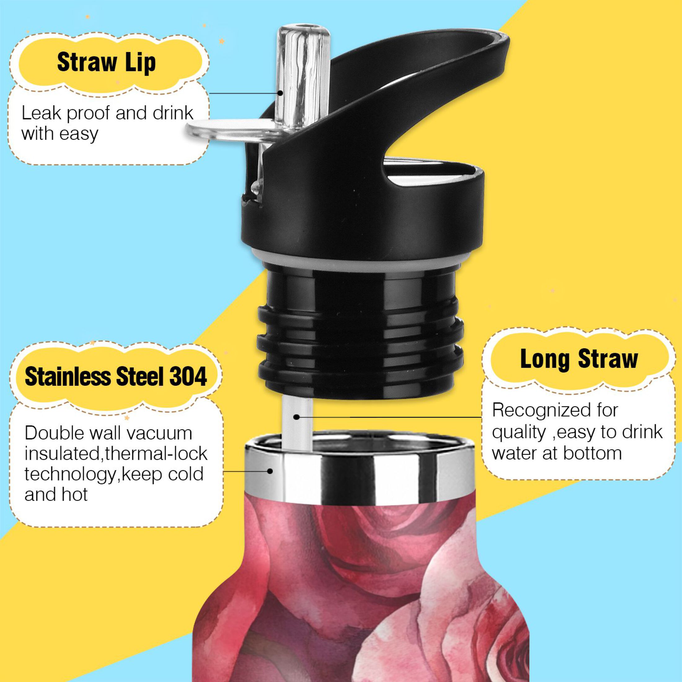 600ML Stainless Steel Insulated Cup Sports Water Bottle Portable Thermos Cup Water Glasses Insulated Tumblers Convenient and Durable Red Roses Seamless