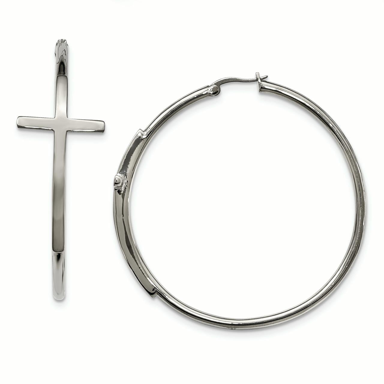Stainless Steel Polished Large Cross Hoop Earrings