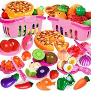 100 Pcs Play Food Set for Kids Kitchen, Pretend Food Toy for Toddlers Age 1-3, Plastics Cutting Fake Food/ Fruit/ Vegetable Accessories with 2 Baskets, Birthday Gifts for 2 3 4 5 Years Old Boys Girls