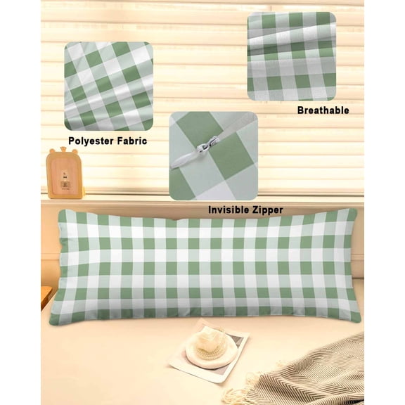 Sage Green Checkered Throw Pillow Covers, Green White Buffalo Plaid Soft Breathable Pillow Cases with Invisible Zipper for Sleeping, Long Body Pillowcases for Couch Bed Sofa Chair 20x60 Inches