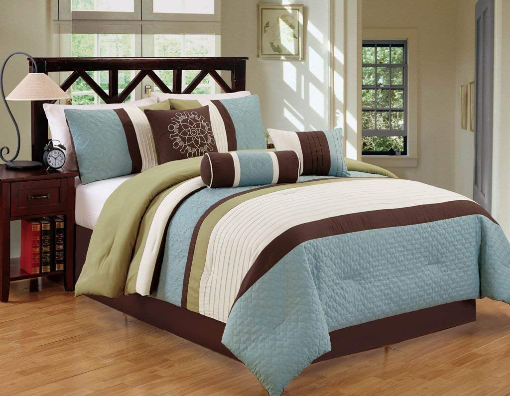 7Pcs Luxury Modern Stripe Comforter Bed-in-a-Bag Set Queen Size Sage/Coffee love 