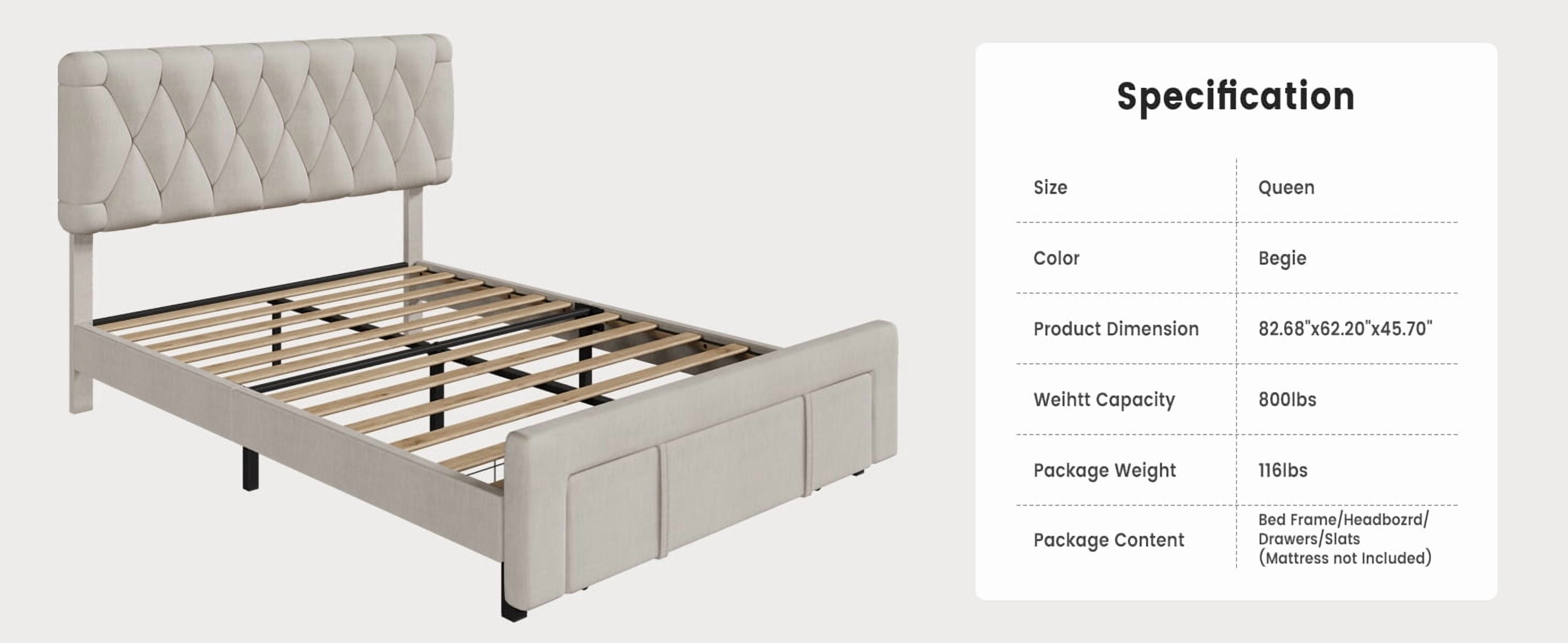 Towallmark Full/King/Queen Size Bed Frame,with 2 Storage Drawers, Upholstered Platform Bed Frame No Box Spring Needed, Noise-Free, Easy Assembly