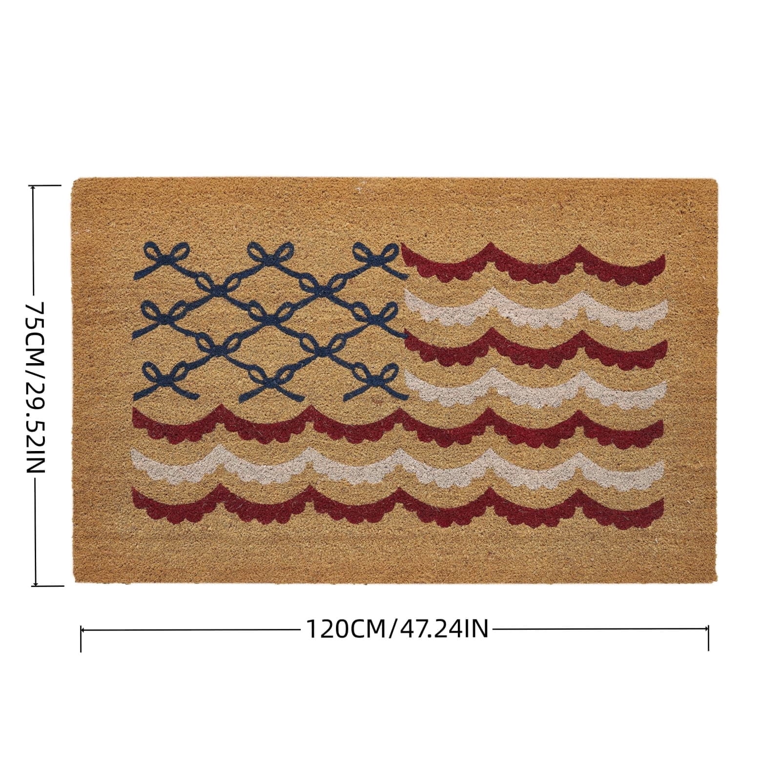 Nautical Rope Knot Flag Coir Doormat，Blue and White and Red, 48" x 30"， Non-Slip Entryway Welcome Mat for Front Door Porch Patio