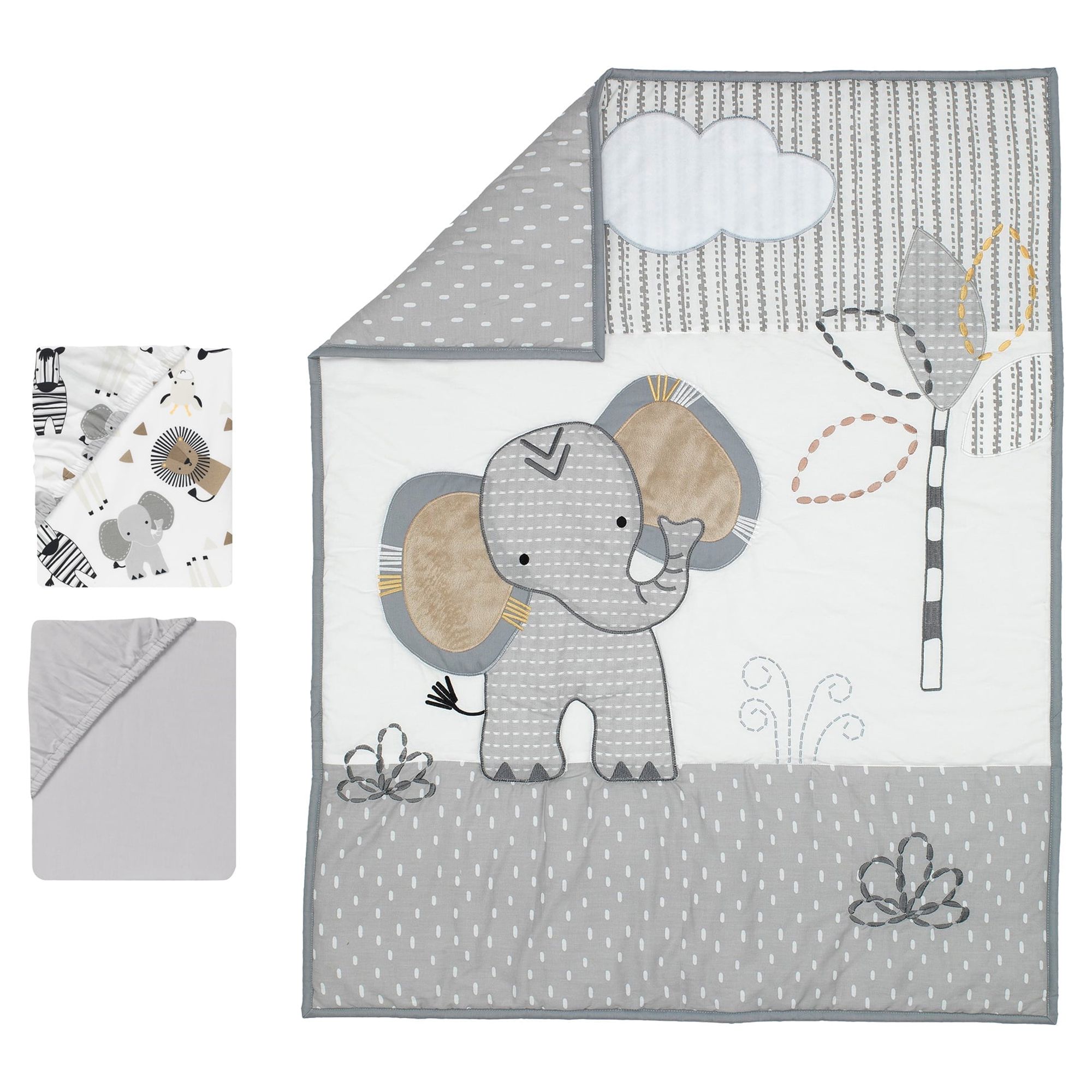 Lambs & Ivy Jungle Safari Elephant 3-Piece Mini Crib Bedding Set - Gray/White