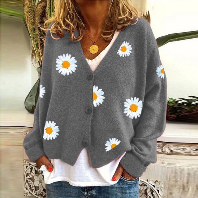 LOVZFMLL Cardigan pour Femmes Mode Hiver Décontracté à Imprimé Floral Manches Longues Cardigan Tricoté Chandail Manteau