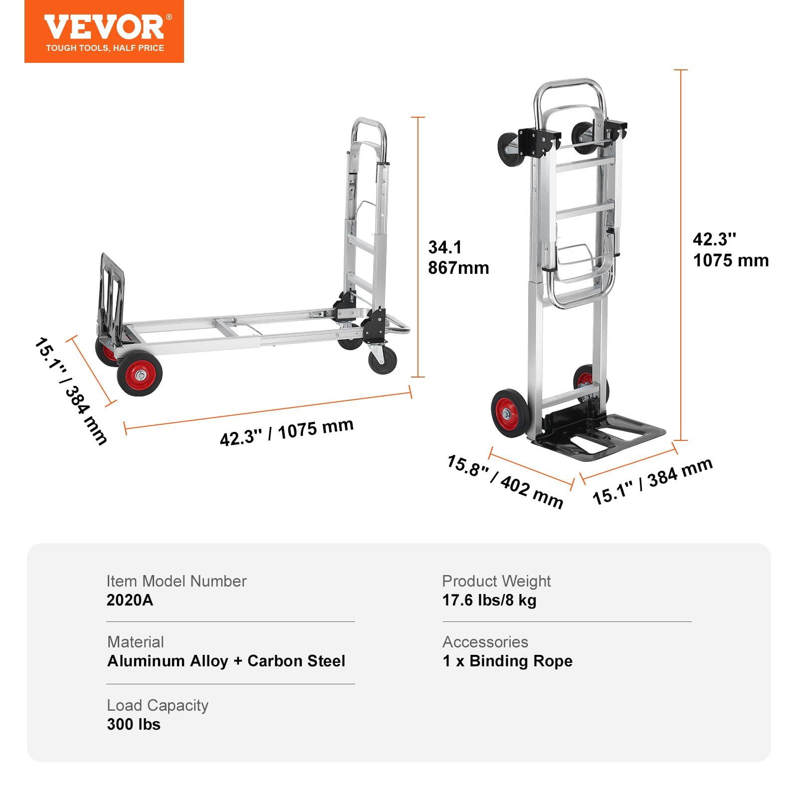 400 lbs Capacity Aluminum Folding Hand Truck, 2 in 1 Heavy Duty Collapsible Dolly Cart with Rubber Wheels, Multi-Purpose Transport Cart for Warehouse, Supermarket, Garden