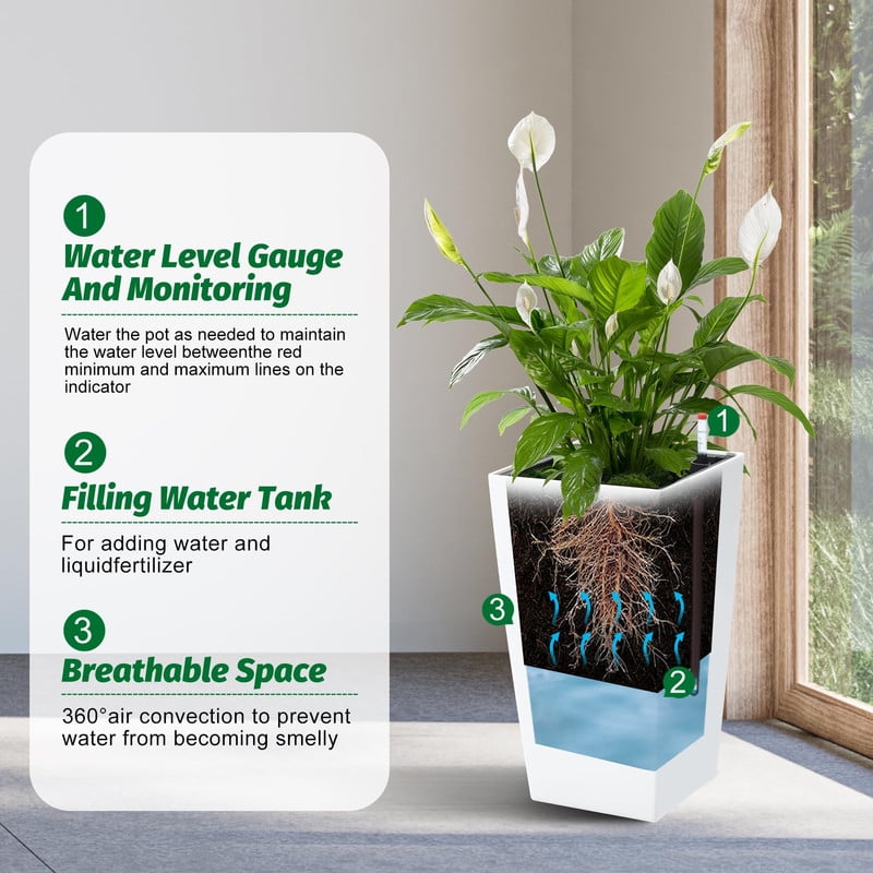 Towallmark 16 Inch Tall 2 Pack Rectangular Planters, Large Flower Pots Indoor Outdoor, Planters with Drainage Holes Wheels and Water Level Monitor, for Patio Porch Living Room Home Office, White